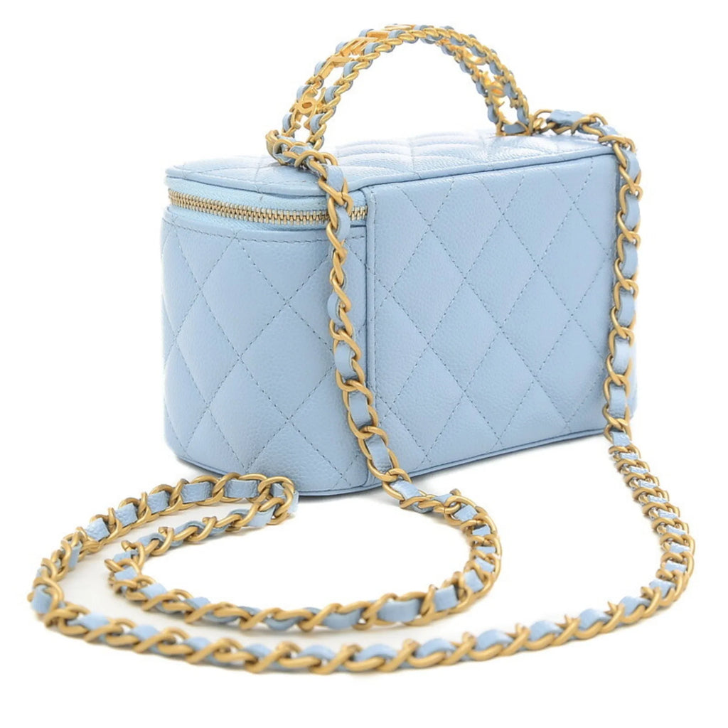 (Good) Pre-Owned Vanity Hardware Caviar Logo Gold Chanel Bag Handle AP2805 Blue Skin Shoulder