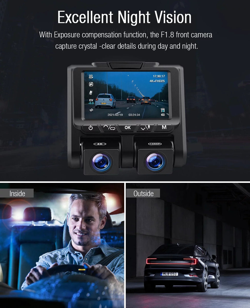 Parking Car Screen Front 3" 4K+1080P TOGUARD G-Sensor Loop Mode Inside and Camera LCD Cam Dash Dash 4K Recording Camera