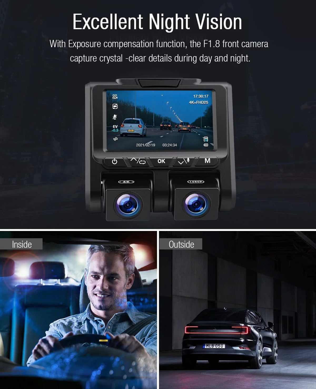 Parking Car Screen Front 3" 4K+1080P TOGUARD G-Sensor Loop Mode Inside and Camera LCD Cam Dash Dash 4K Recording Camera