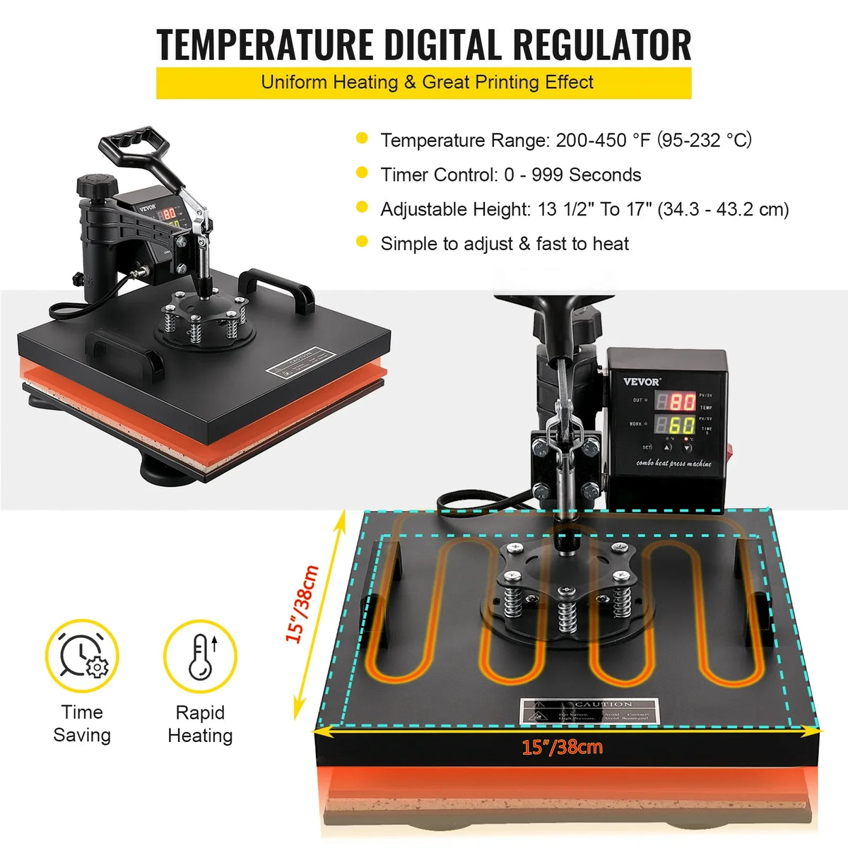 Rotation in Away Dual LED Degree Display Heat Sublimation Multifunctional 1 Transfer Swing Combo Machine VEVOR Press 15"x15" Heat Machine Digital 8 360