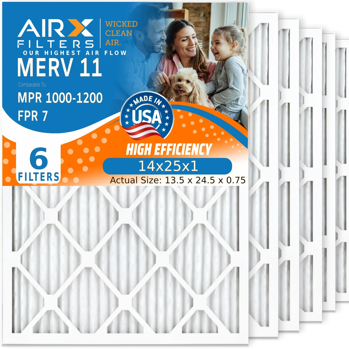 Furnace Filter Electrostatic 1000, MPR Conditioner AIR. FPR Air WICKED 11 AIRX HVAC Premium USA Air by Pleated 7 & 14x25x1 Pack 1200 MPR CLEAN Filters 6 FILTERS Filter Comparable Made MERV to 14x25x1