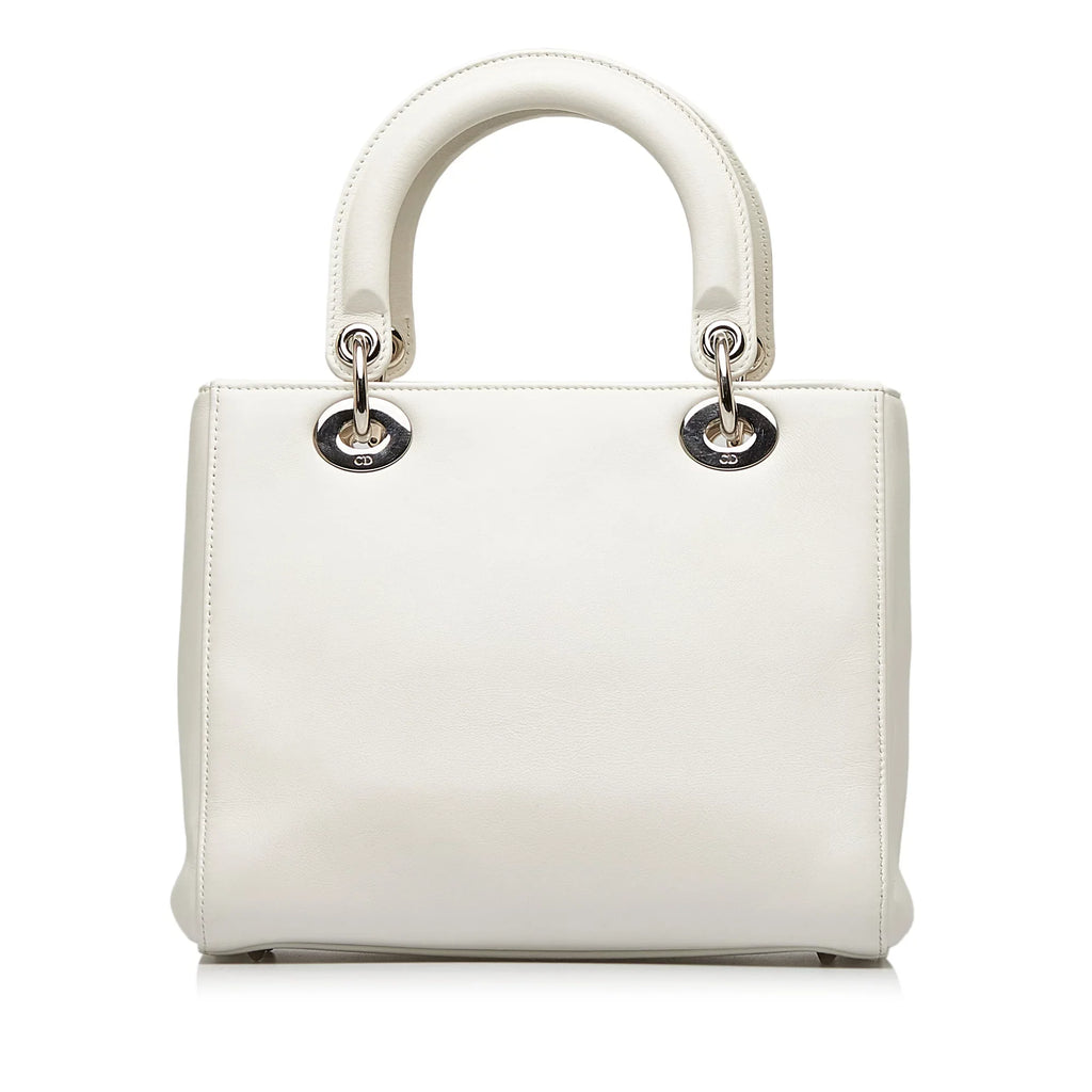 Lambskin Authenticated (Good) Satchel Lady Paradise White Unisex Leather Pre-Owned Medium Dior