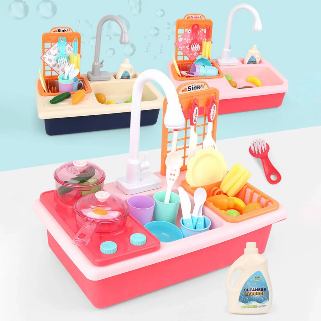 Play Kitchen for Running Role With System Sink Boys Children Play Alphabet Playing Cycle Pretend Electric Toddlers Toys Girls House Toys Dishwasher Toy Automatic Water for Water Game Board Board