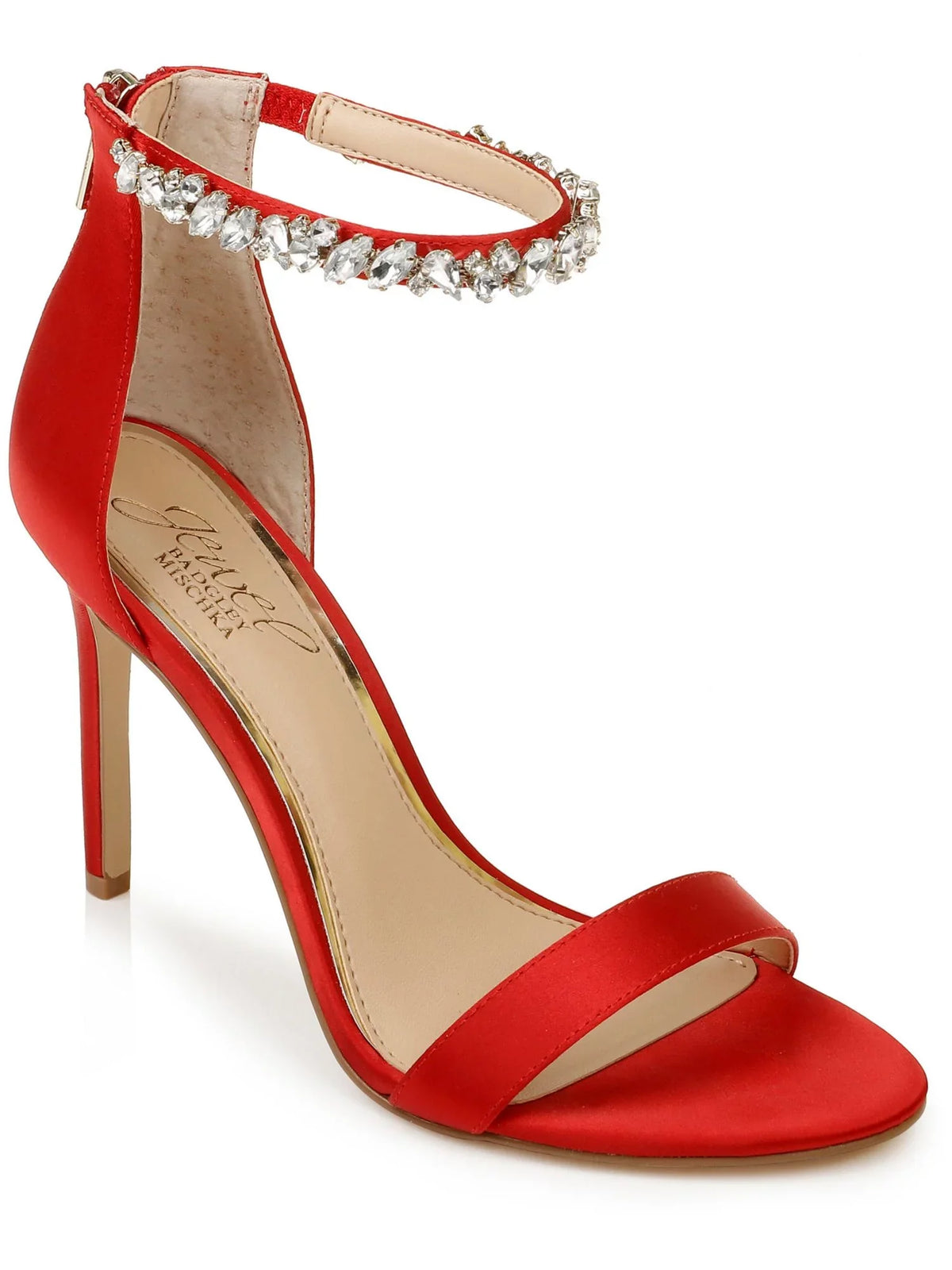 Round Ankle Embellished Strap Unique Zip-Up M Womens 8.5 Shoes Dress Sandals Stiletto JEWEL Toe MISCHKA BADGLEY Red