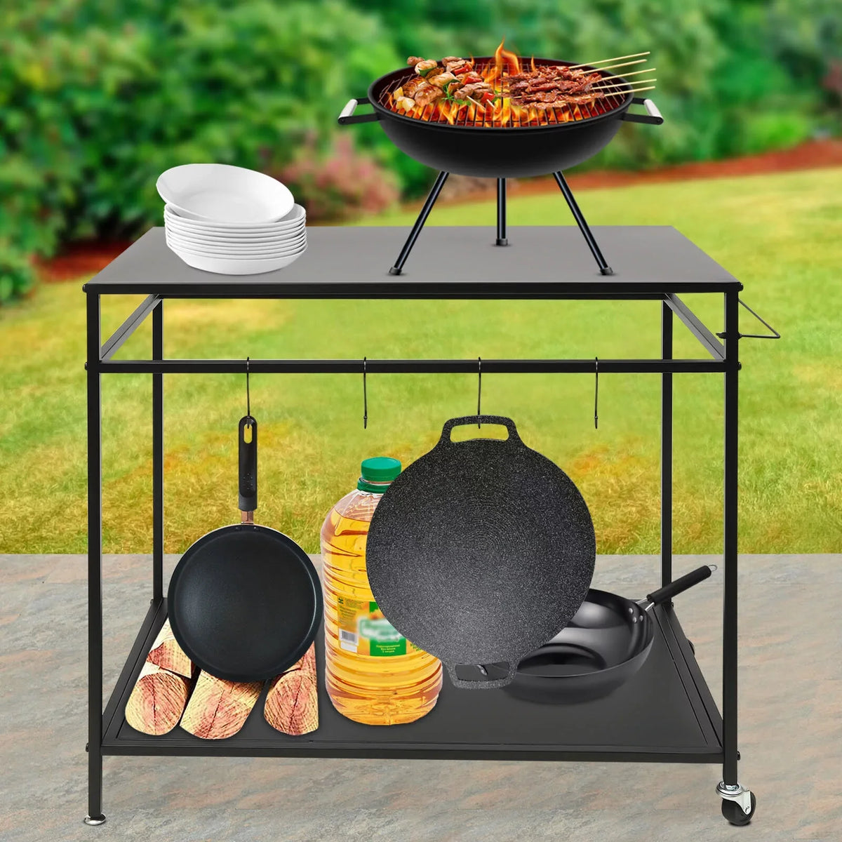 Movable Cook Outdoor Food Serving Station 2-Tier Grill Table Rack Shelf Cart BBQ Prep