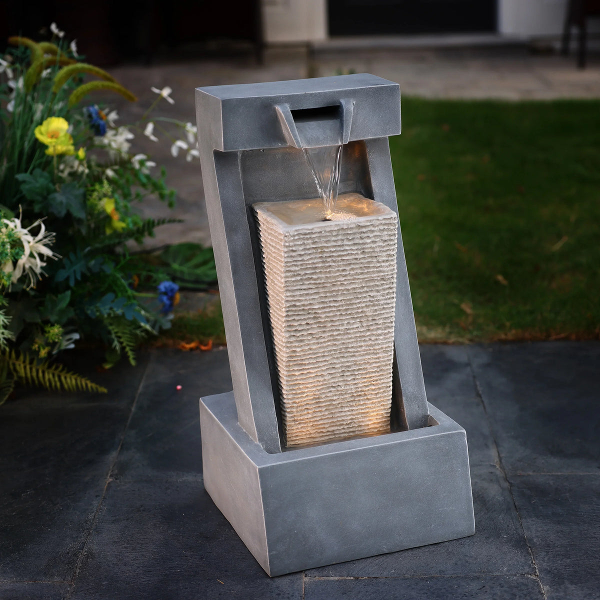 2-Column Gray Sculpture Resin Lights Fountain Outdoor LuxenHome with