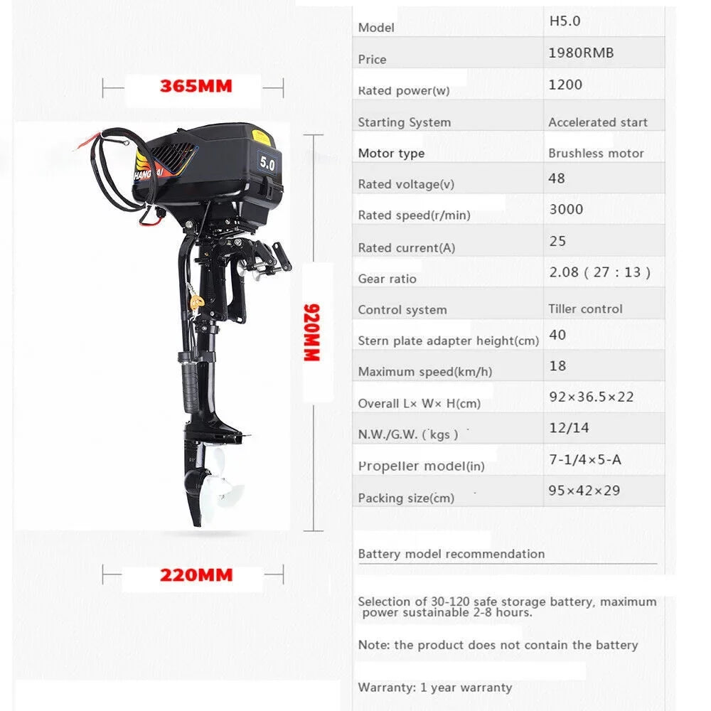 Motor 48V 5.0HP Fishing Engine Trolling Outboard Shaft Electric Short Boat