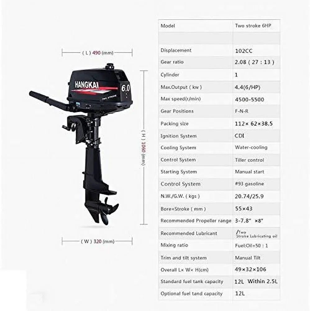 Outboard MONIPA System HP Inflatable Boat Tiller Motor Water Fishing Shaft 6 CDI Marine 2-Stroke Cooling Engine