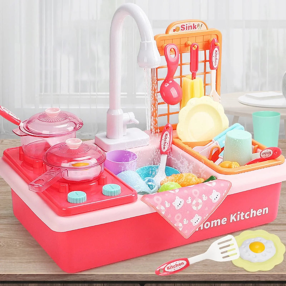 Play Kitchen for Running Role With System Sink Boys Children Play Alphabet Playing Cycle Pretend Electric Toddlers Toys Girls House Toys Dishwasher Toy Automatic Water for Water Game Board Board