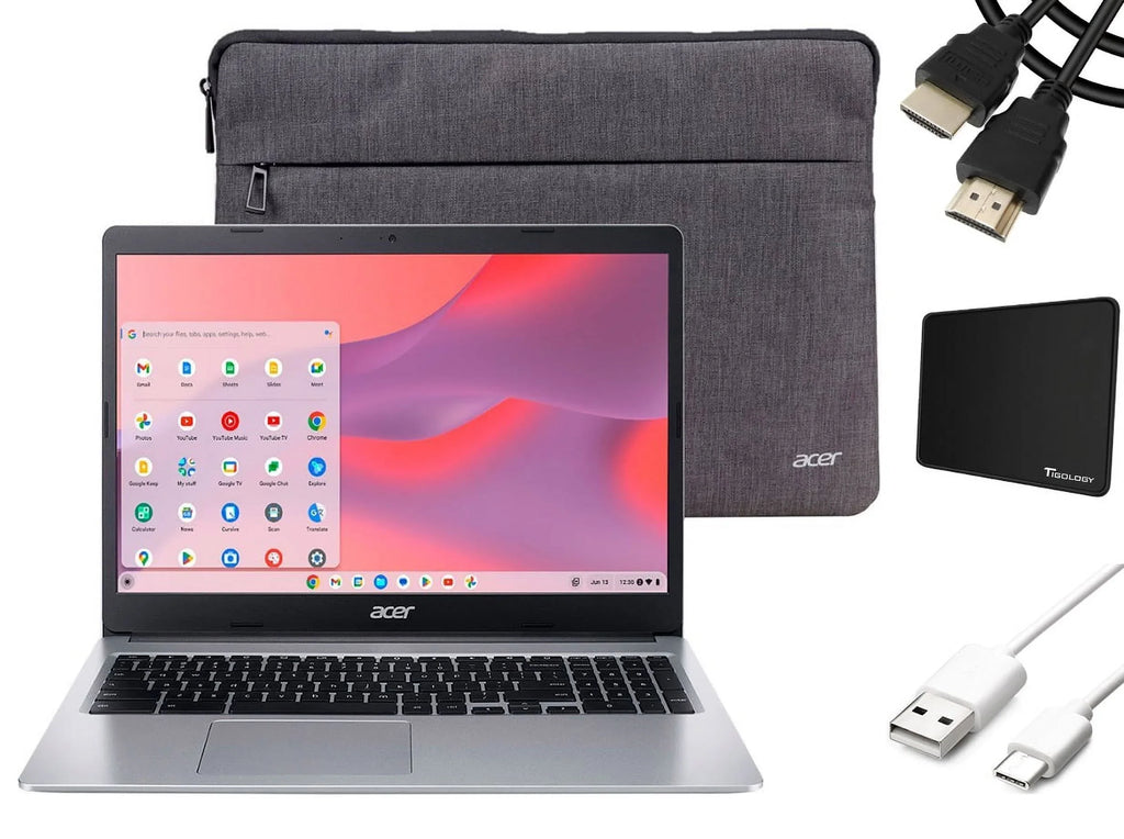 Chromebook 4GB Acer Chrome 5, OS, 15.6" + Accessories HD LPDDR4, Bluetooth, with Laptop, Tigology Display, Sleeve 315 Silver Intel Battery Life, 64GB Long eMMC, Celeron N4020, Wi-Fi