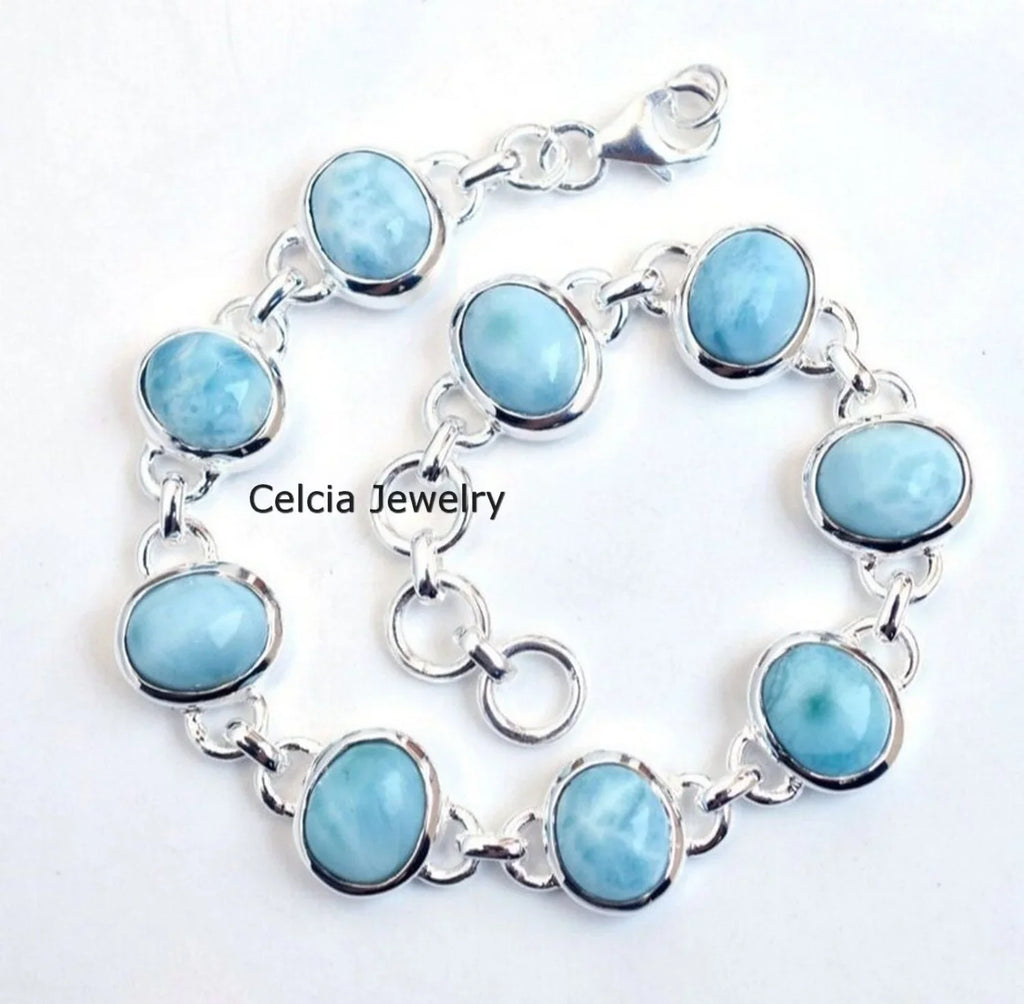 Sterling Women, For Solid Larimar For Her Him Bracelet Oval Bracelet Men Multiple Genuine Blue 925 Gemstone Unique Silver Handcrafted