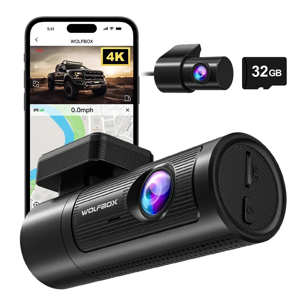 WDR, 1080P Cam & Vision, with Front Loop 32G DashCam with and Dash UHD Free Night Recording Dashcam Rear, 4K WOLFBOX Front GPS WiFi, and Card, Rear Car