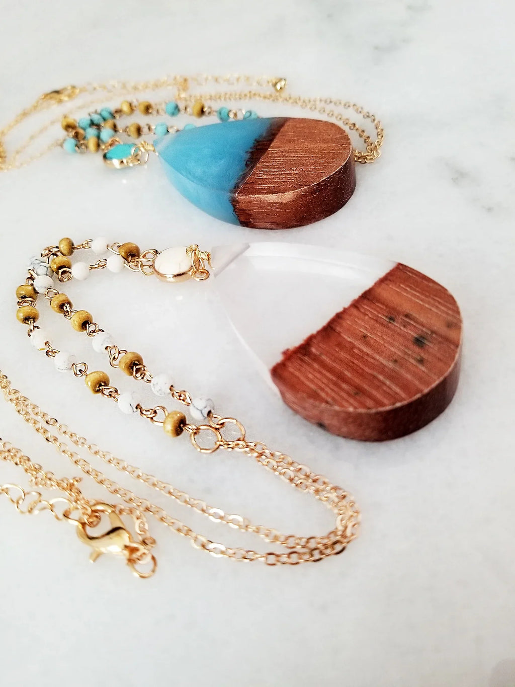 Anniversary Resin Wood Boutique | Necklace Wood Women, Gift Chain Tenes Beaded Blue Box Pendant Inc Aqua for