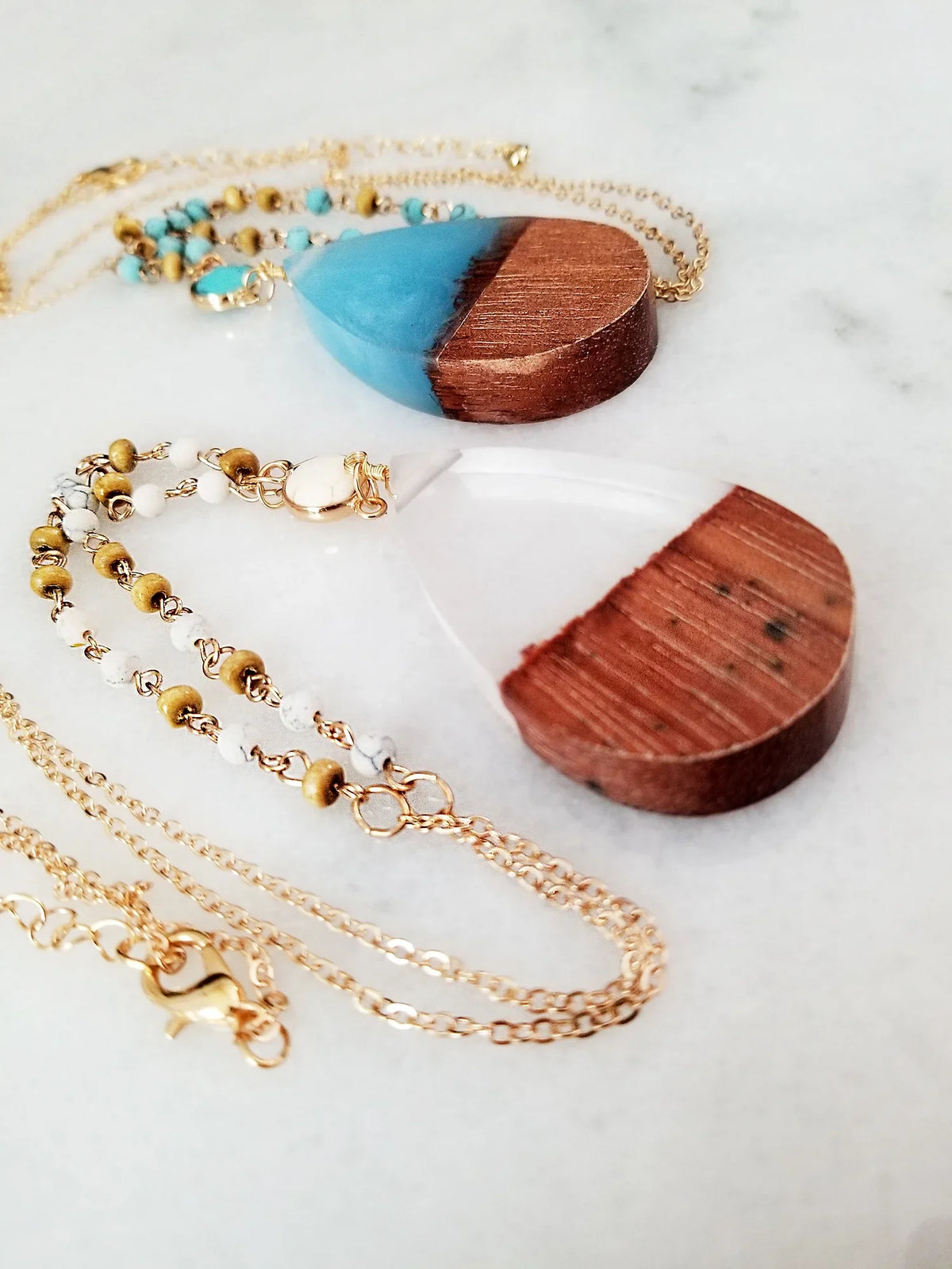 Anniversary Resin Wood Boutique | Necklace Wood Women, Gift Chain Tenes Beaded Blue Box Pendant Inc Aqua for