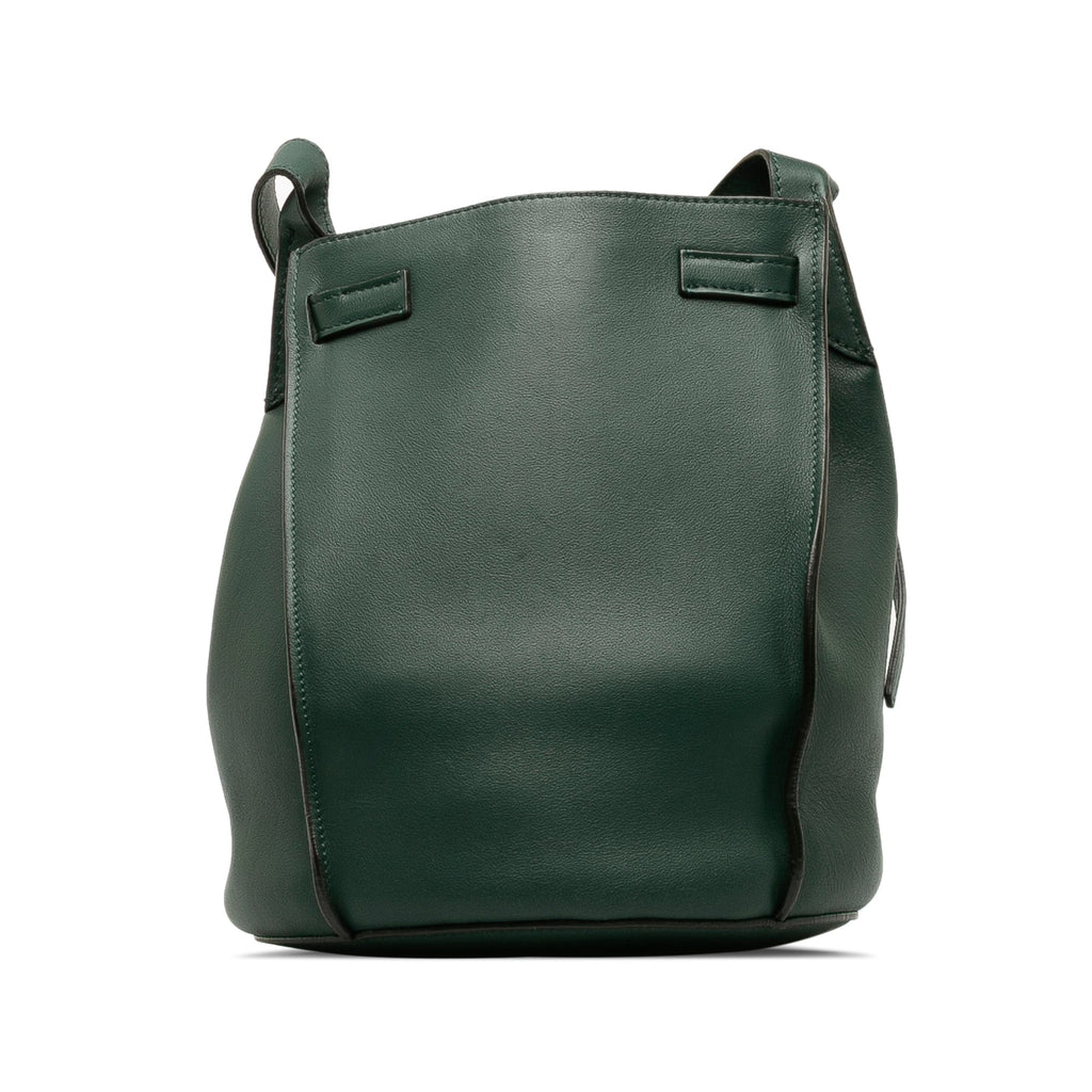 Authenticated Big Pre-Owned Unisex Bucket Leather Bag Calf Celine (Good) DrawstringBag Bag Bucket Green