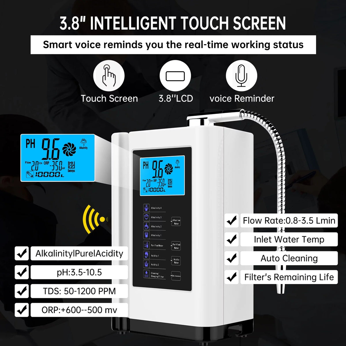 PH Ionizer, Water filter,7 Water Water to Liters 3.5-10.5 Machine, Alkaline Auto-cleaning,Intelligent Machine White) Water Purifier Acid Alka 8000 per up Settings, -500mV Voice ORP,
