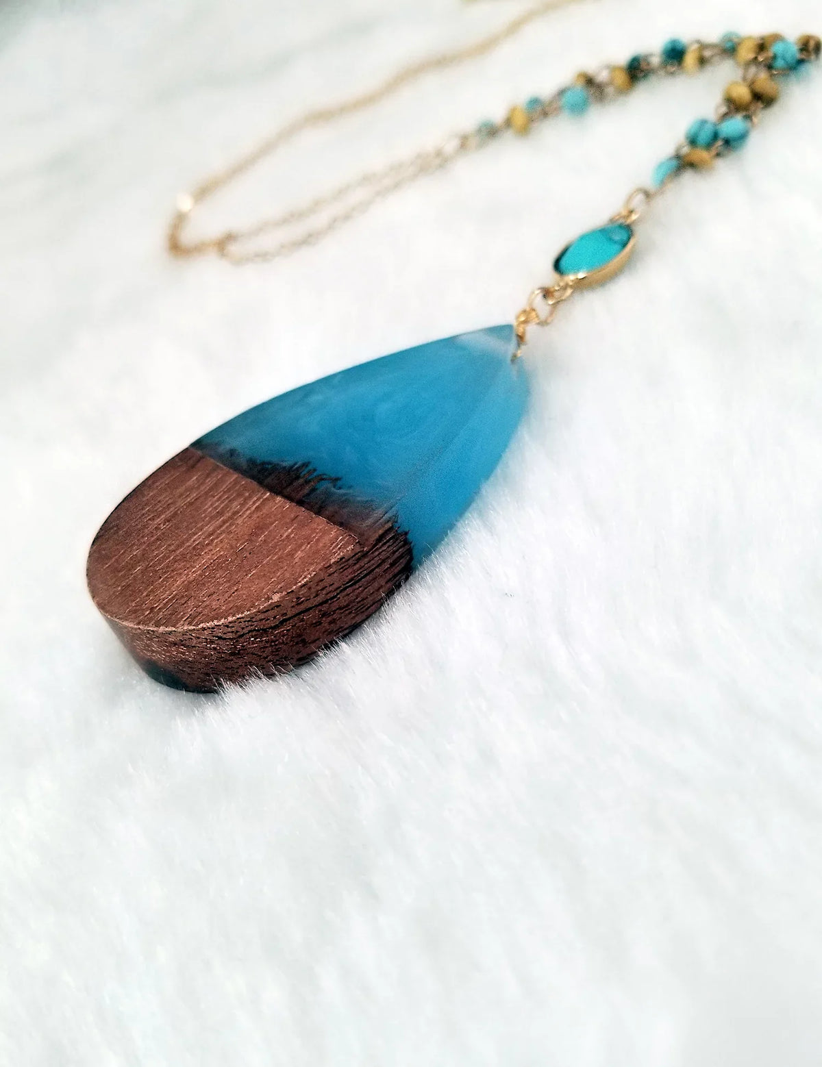 Anniversary Resin Wood Boutique | Necklace Wood Women, Gift Chain Tenes Beaded Blue Box Pendant Inc Aqua for