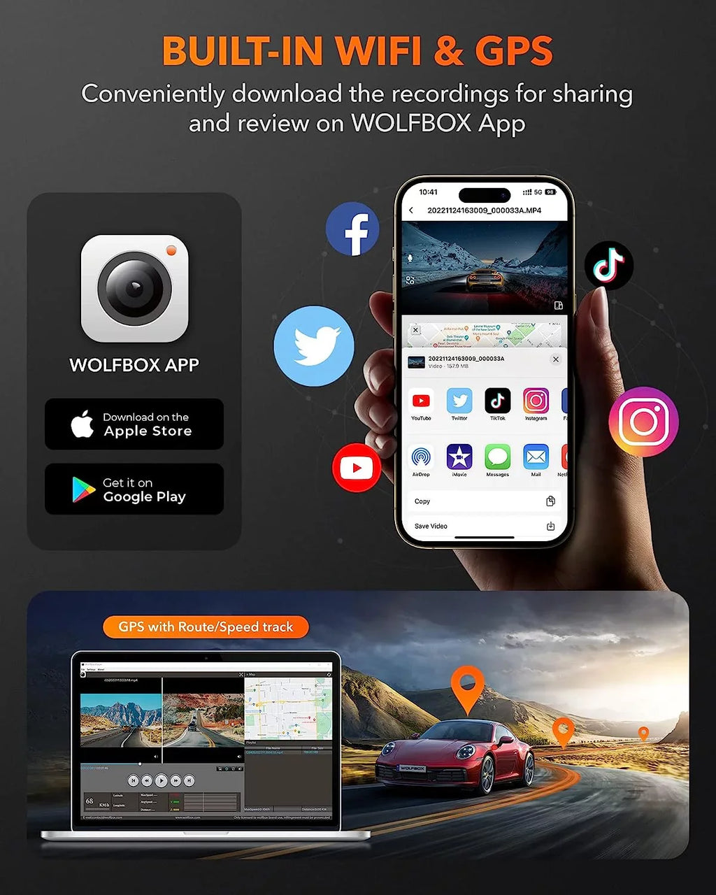 WDR, 1080P Cam & Vision, with Front Loop 32G DashCam with and Dash UHD Free Night Recording Dashcam Rear, 4K WOLFBOX Front GPS WiFi, and Card, Rear Car