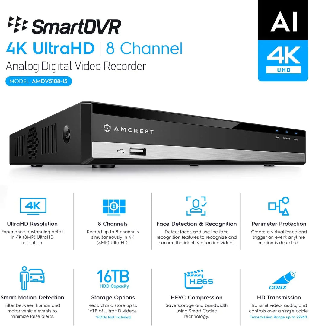 Channel Analog Pre-Installed HDD for UltraHD Recorder, (AMDV5108-2TB) 4K AI Security 2TB DVR Smart Amcrest System DVR, & AI Camera 8 IP DVR Security Cameras Cameras, Security Amcrest 8MP