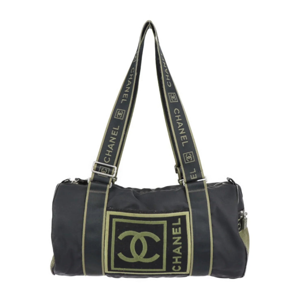 Sport Line Nylon Round Cocomark Khaki Travel Canvas Series Chanel Cylindrical Green 10 Black Shoulder Boston (Fair) Bag Pre-Owned CHANEL