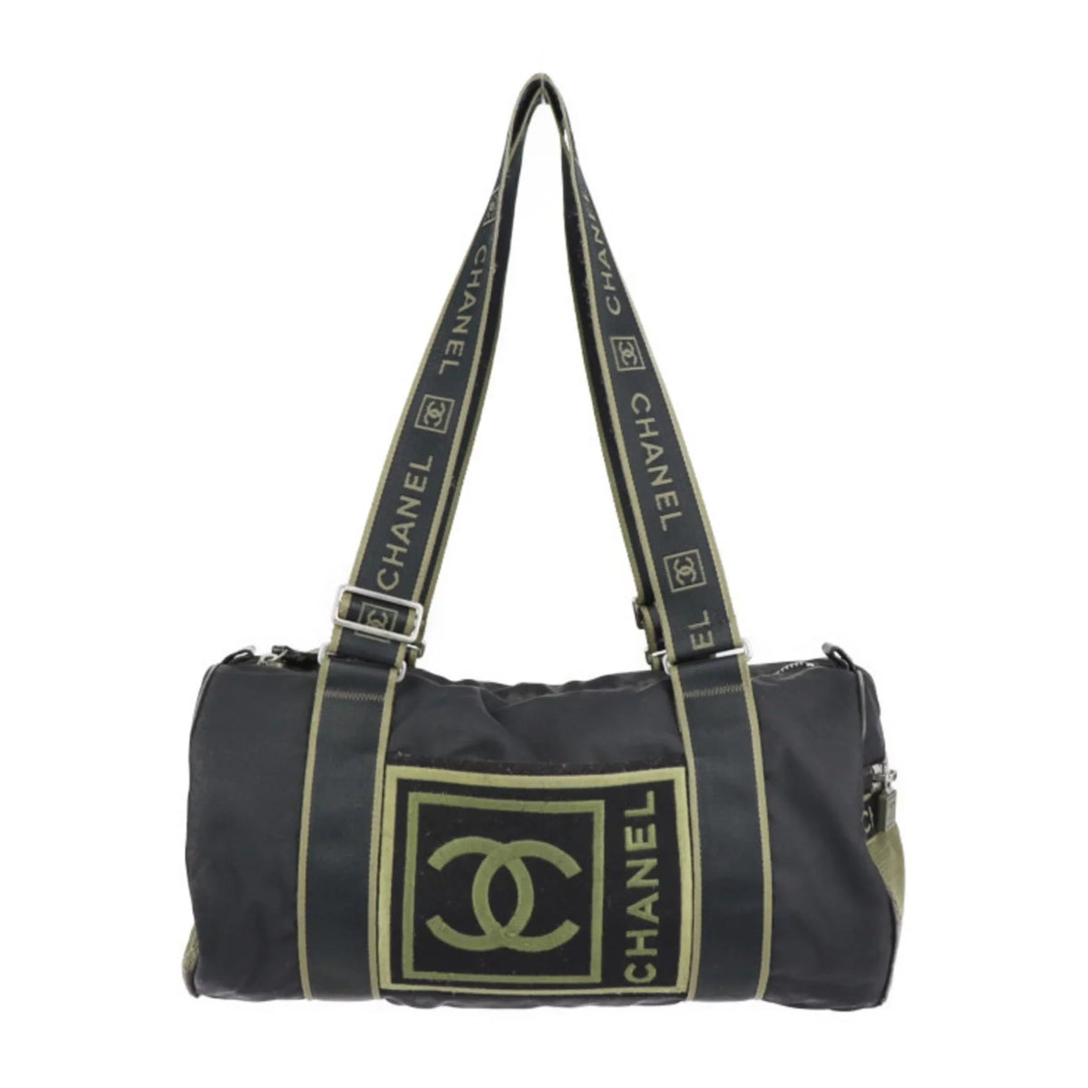 Sport Line Nylon Round Cocomark Khaki Travel Canvas Series Chanel Cylindrical Green 10 Black Shoulder Boston (Fair) Bag Pre-Owned CHANEL