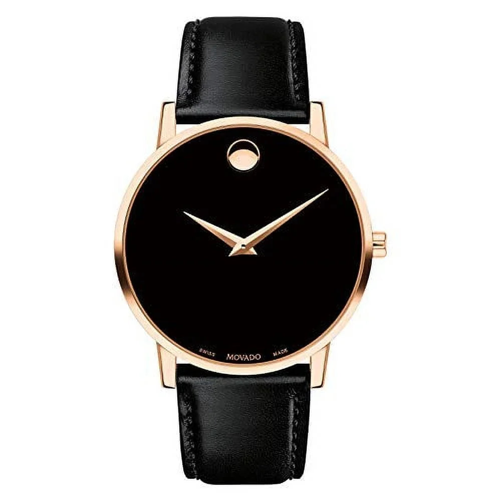 Movado Classic Black Watch Museum Rose 0607315 Leather Gold Men's