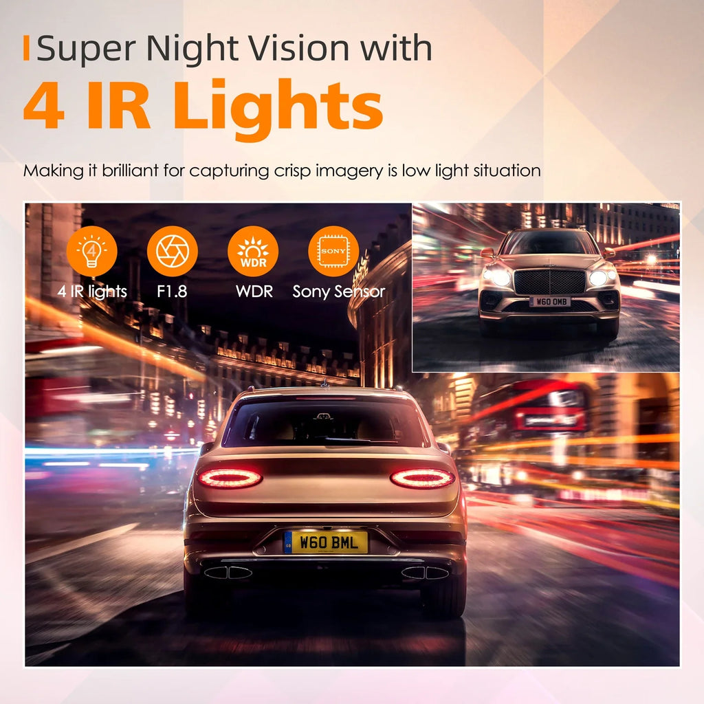 Emergency Rear Camera Dash Vision,170° Camera Monitor TOGUARD Parking 3 Channel Night and Angle, Car WDR, Inside Wide 2K+1080P+2K IR Speed 4K Lock, Front GPS