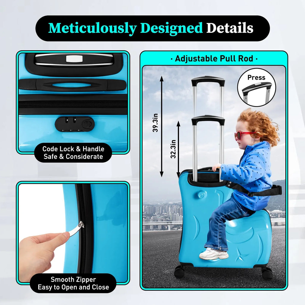 20" Spinner Suitcase AIQIDI Ride Kids Horse Luggage Shape On Travel Trolley Portable Wheels Blue Suitcase, Kids