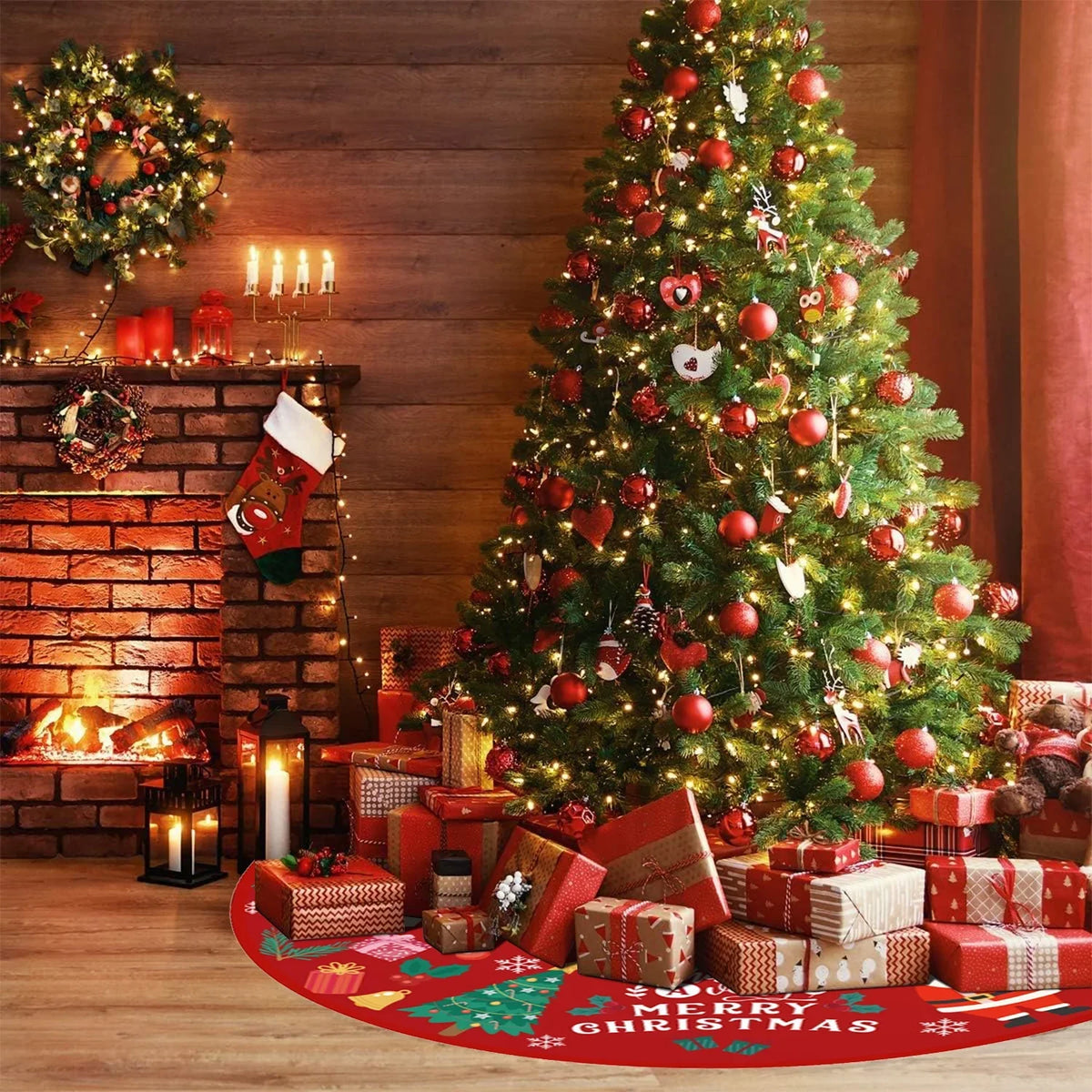 Inches Christmas Skirt Outdoor for Ornaments Skirt Snow Pattern Red with Holiday Christmas Plush Tree 36 Decorations Gold Party Soft Indoor Tree Mat Tree and
