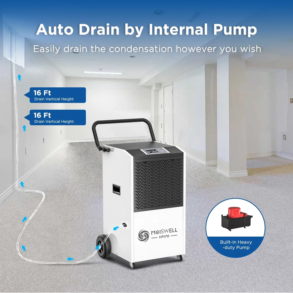 Defrost, Basements, up Site, Sq Drain with for Ft Dehumidifier Moiswell Pump 7,500 to - Auto and for Industrial Hose Spaces Damage Starting Unit Memory Water 170 Commercial - Ideal Large Pints