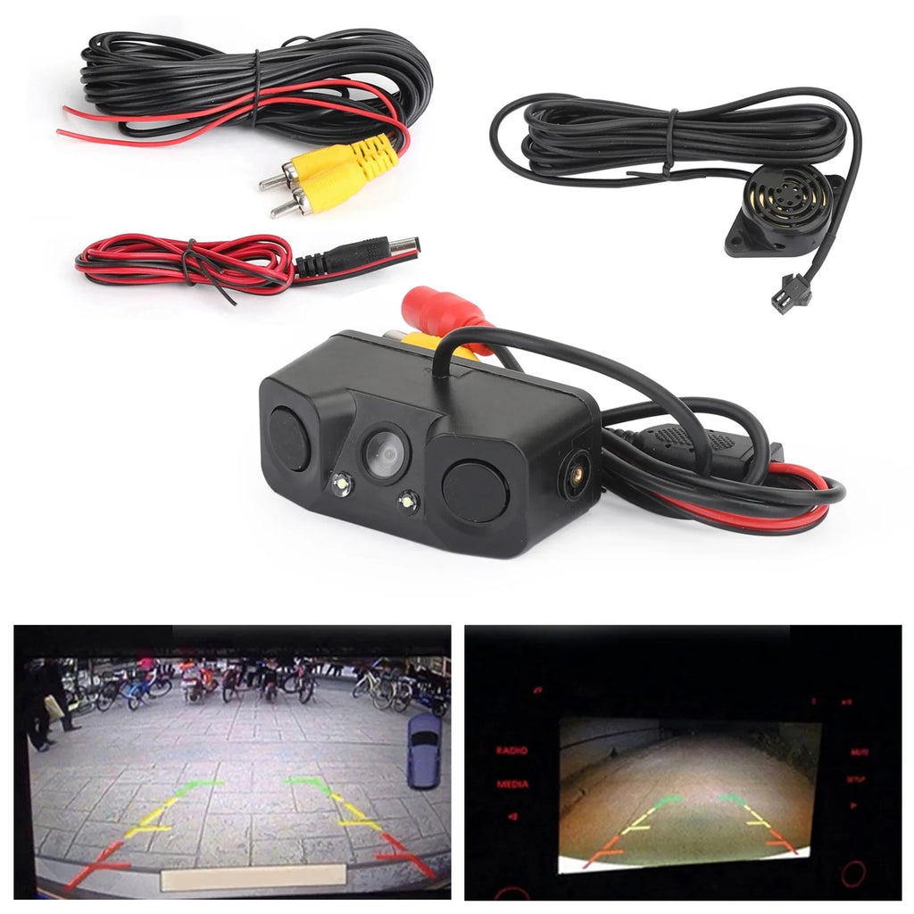 Radar Reverse Camera View Backup Sensor Car 170° Parking Rear 3in1 Camera