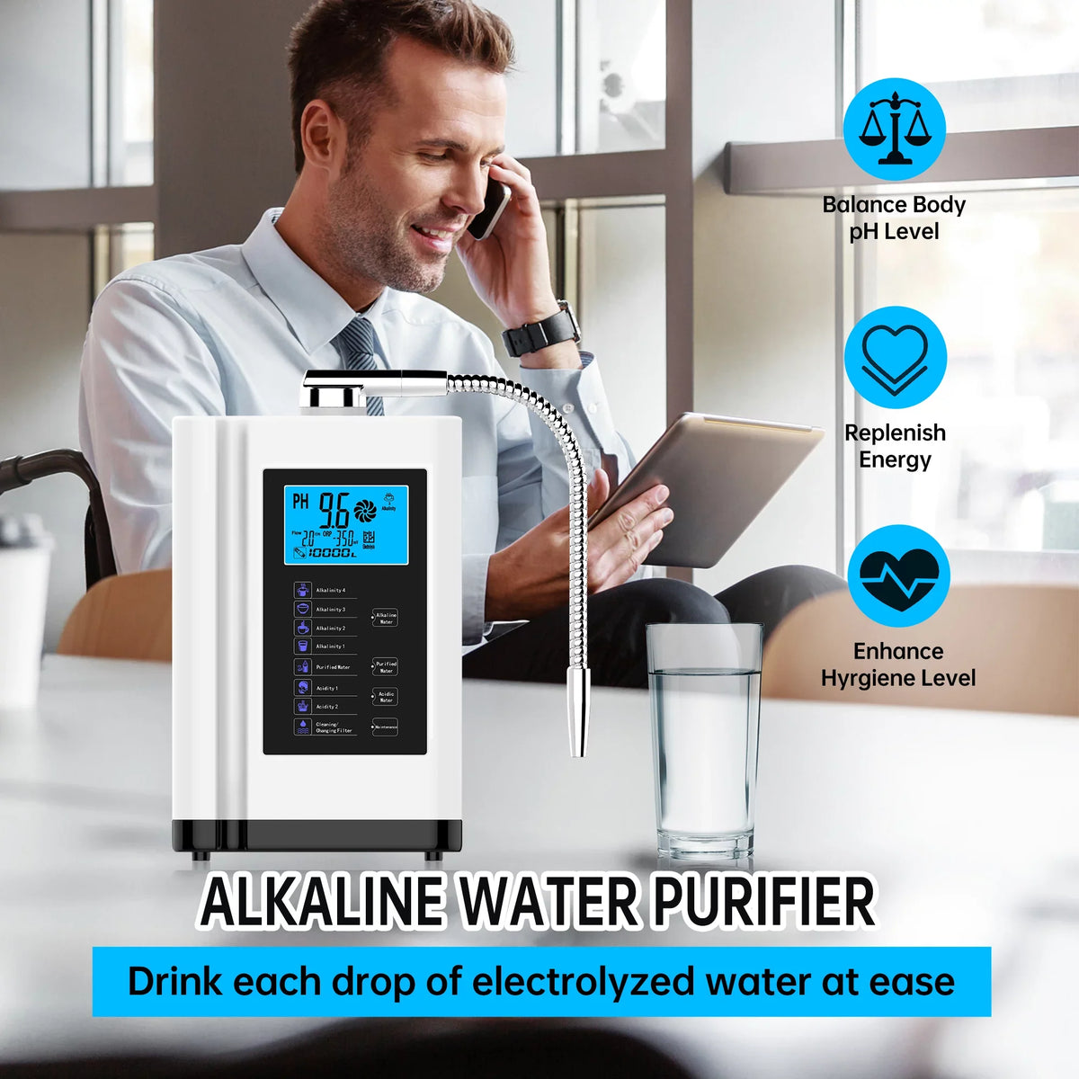 PH Ionizer, Water filter,7 Water Water to Liters 3.5-10.5 Machine, Alkaline Auto-cleaning,Intelligent Machine White) Water Purifier Acid Alka 8000 per up Settings, -500mV Voice ORP,