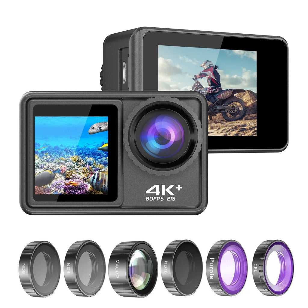 ND4 Lens with for 170° Sports Outdoor 8 Screen 16 Macro Camcorder Purple 4K Inch EIS Angle Screen 40m Waterproof 2.0 Dual Wide DV 24MP Camera Sport WiFi CPL