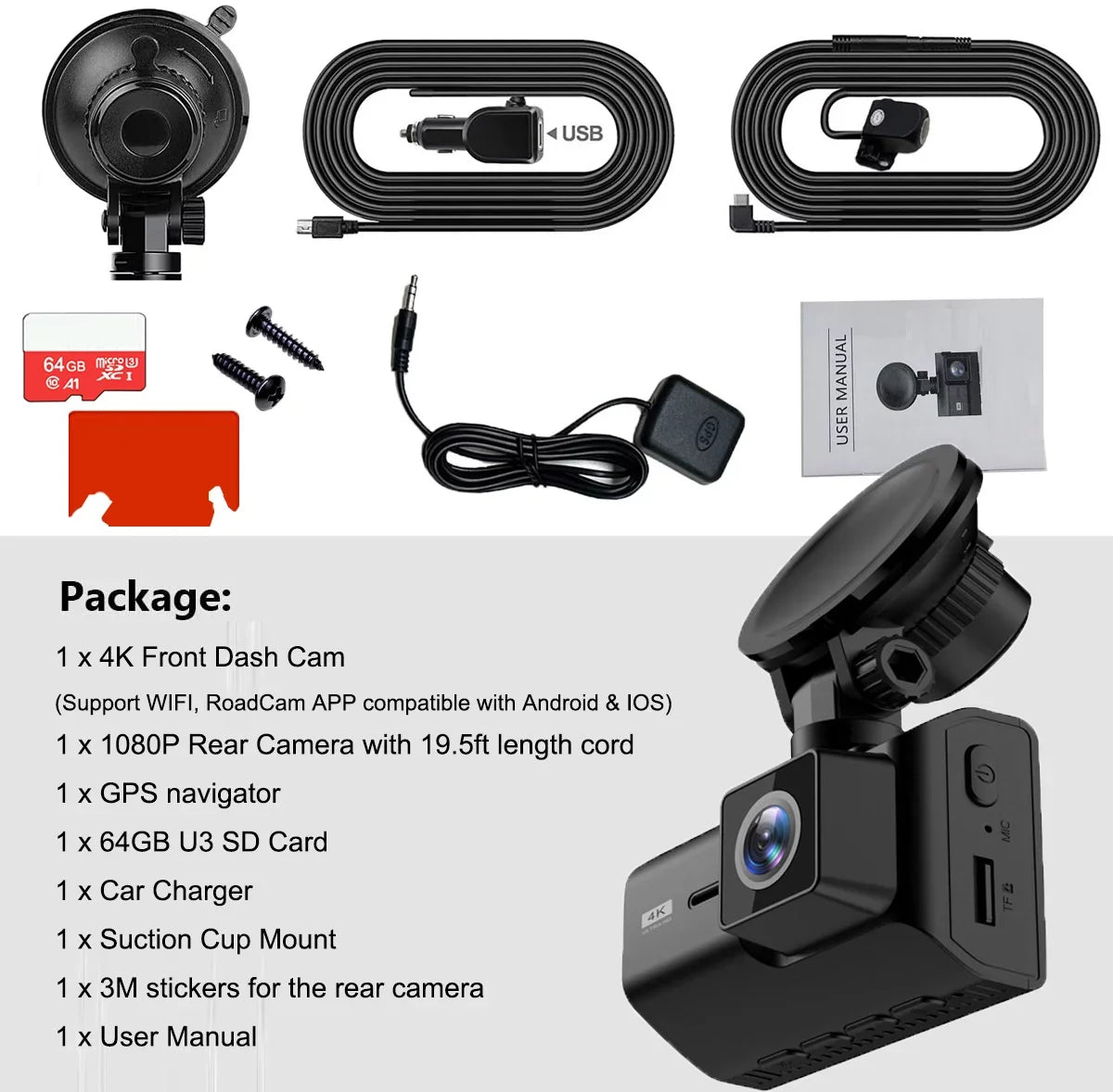 for Vision, SD Dash Mode, Inch Cam 2 Wide Front WIFI, with Rear 4K Night and Camera SD Recording, Card, Angle, Dash Dash Dual Cam Card GPS Loop Included 64GB Parking with Cars,