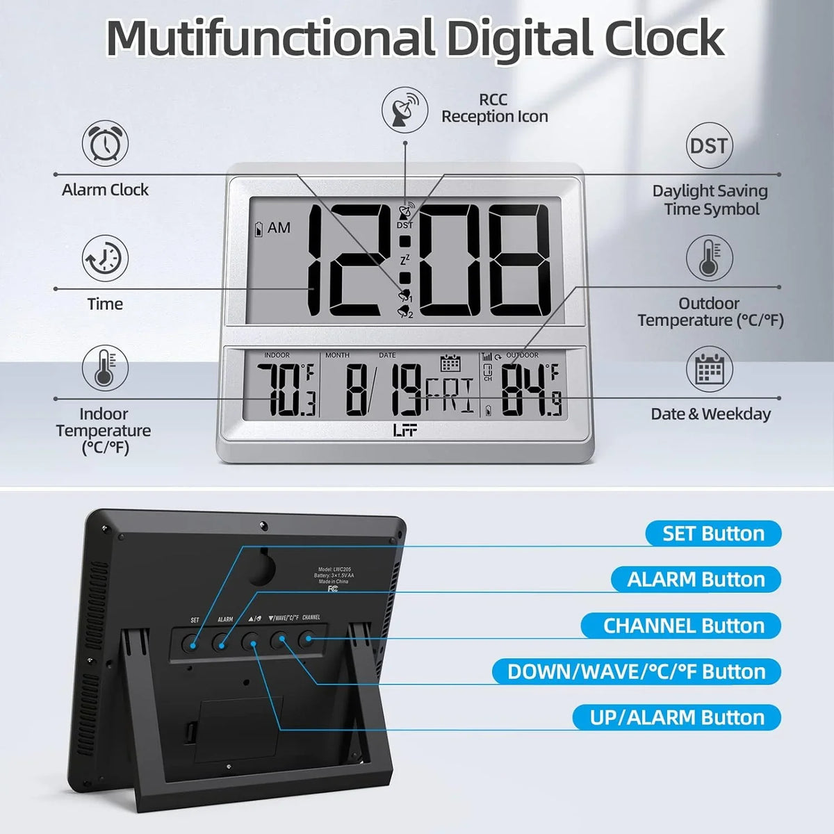 Digital Outdoor Display, Wall with Outdoor Sensor, Clock Bedroom, Indoor for Clock Wireless Atomic Read, Temperature and Sliver Alarm Large Desk to Clock Easy Date, Digital