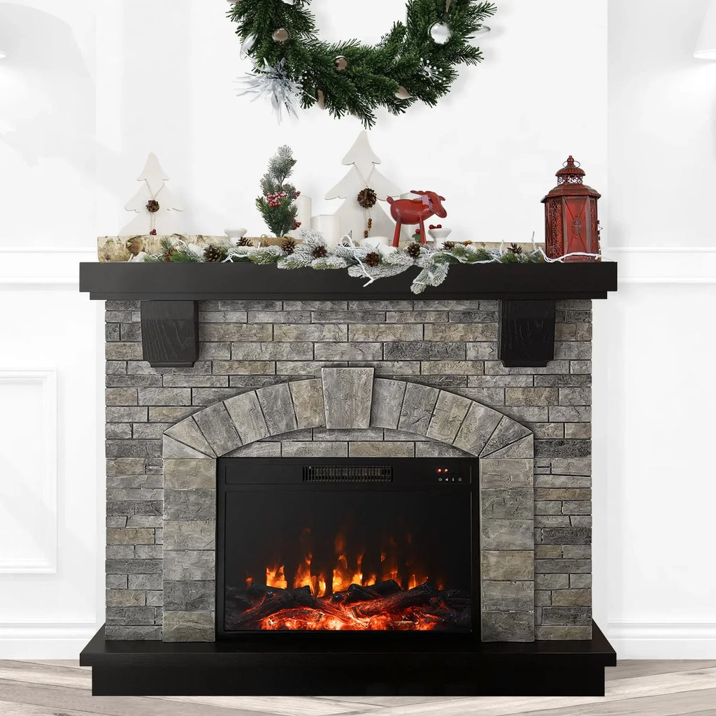 Infrared Gray Fireplace Freestanding, Mantel with Mountain Cloud Stone 45" Electric