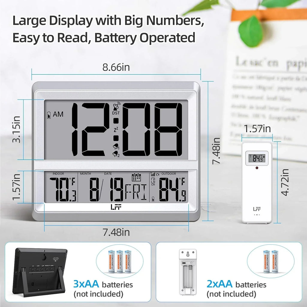 Digital Outdoor Display, Wall with Outdoor Sensor, Clock Bedroom, Indoor for Clock Wireless Atomic Read, Temperature and Sliver Alarm Large Desk to Clock Easy Date, Digital