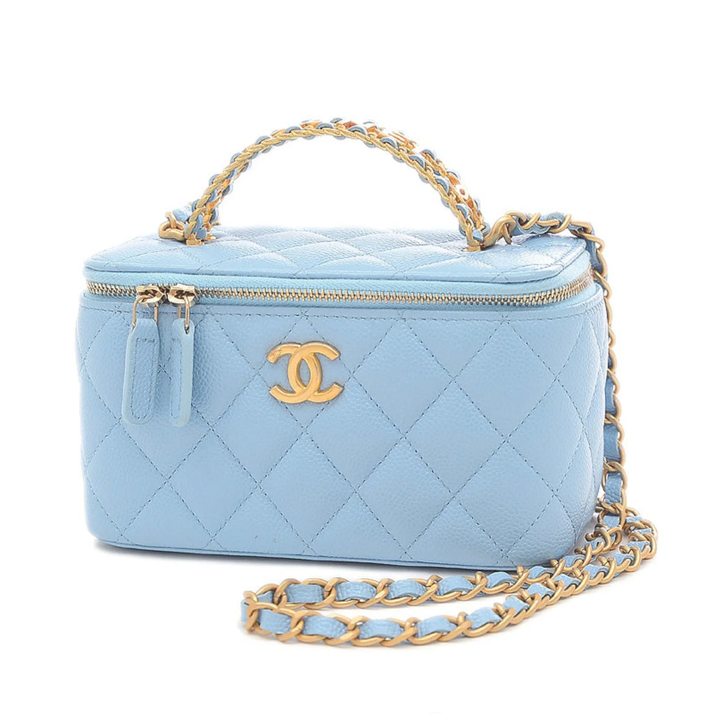 (Good) Pre-Owned Vanity Hardware Caviar Logo Gold Chanel Bag Handle AP2805 Blue Skin Shoulder
