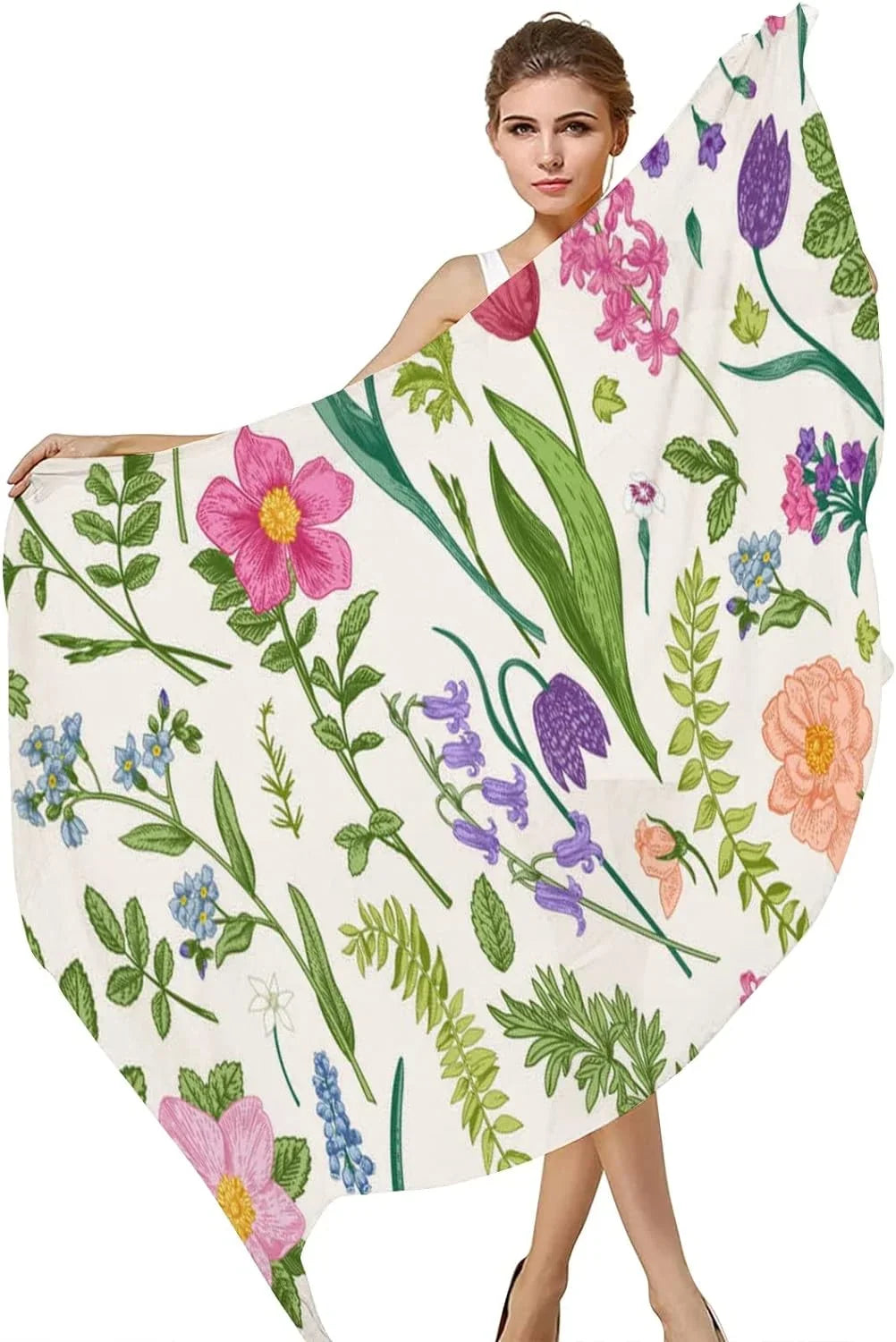 and Wrap Long Lightweight Neck Shawl Women Flowers Hyjoy Girls for Scarf Meadow Scarves Herbs Silk