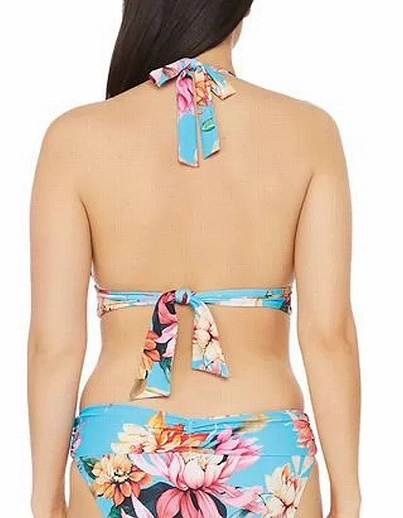 Women's 4 Blue Print Shirring LA Top Cup BLANCA Tie Halter Sweetheart Molded Swimsuit Tropical