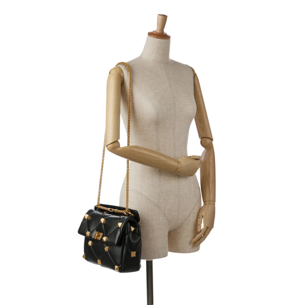 Roman Medium Stud Calf Satchel Valentino Leather Authenticated Pre-Owned Black (Good) Unisex