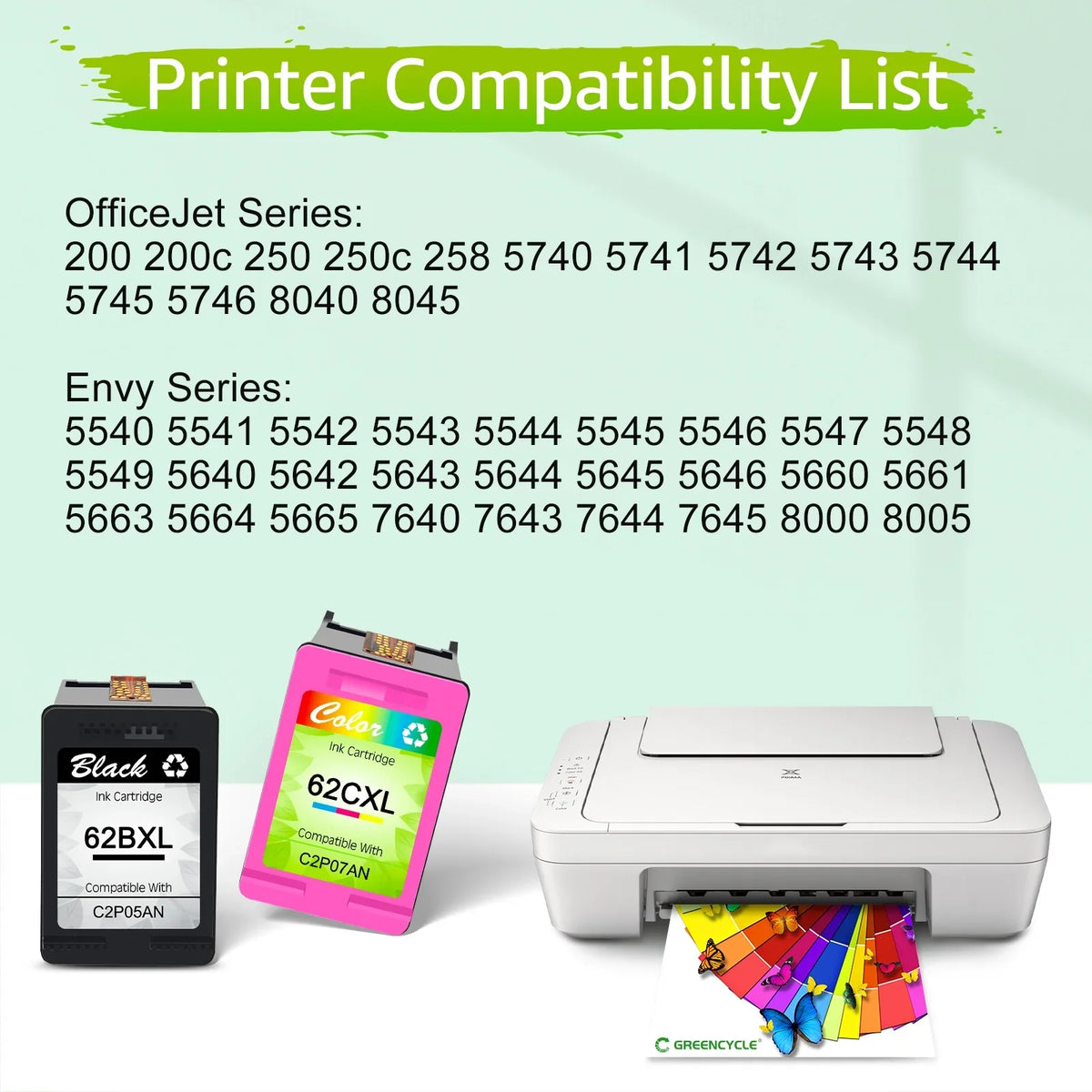 OfficeJet 5540 XL 8040 for HP OfficeJet 250 Tri-Color) 62 with High 7645 62XL (6 Compatible 5640 Replacement Ink Yield Envy 5660 200 GREENCYCLE 5740 Cartridges 7644