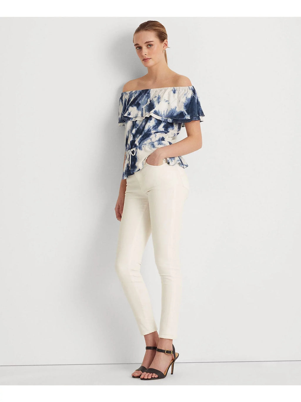 RALPH Off Shoulder Waist Drawcord Peplum Top S Womens Elasticized Sleeve LAUREN Ruffled Tie Dye Short LAUREN White