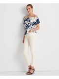 RALPH Off Shoulder Waist Drawcord Peplum Top S Womens Elasticized Sleeve LAUREN Ruffled Tie Dye Short LAUREN White