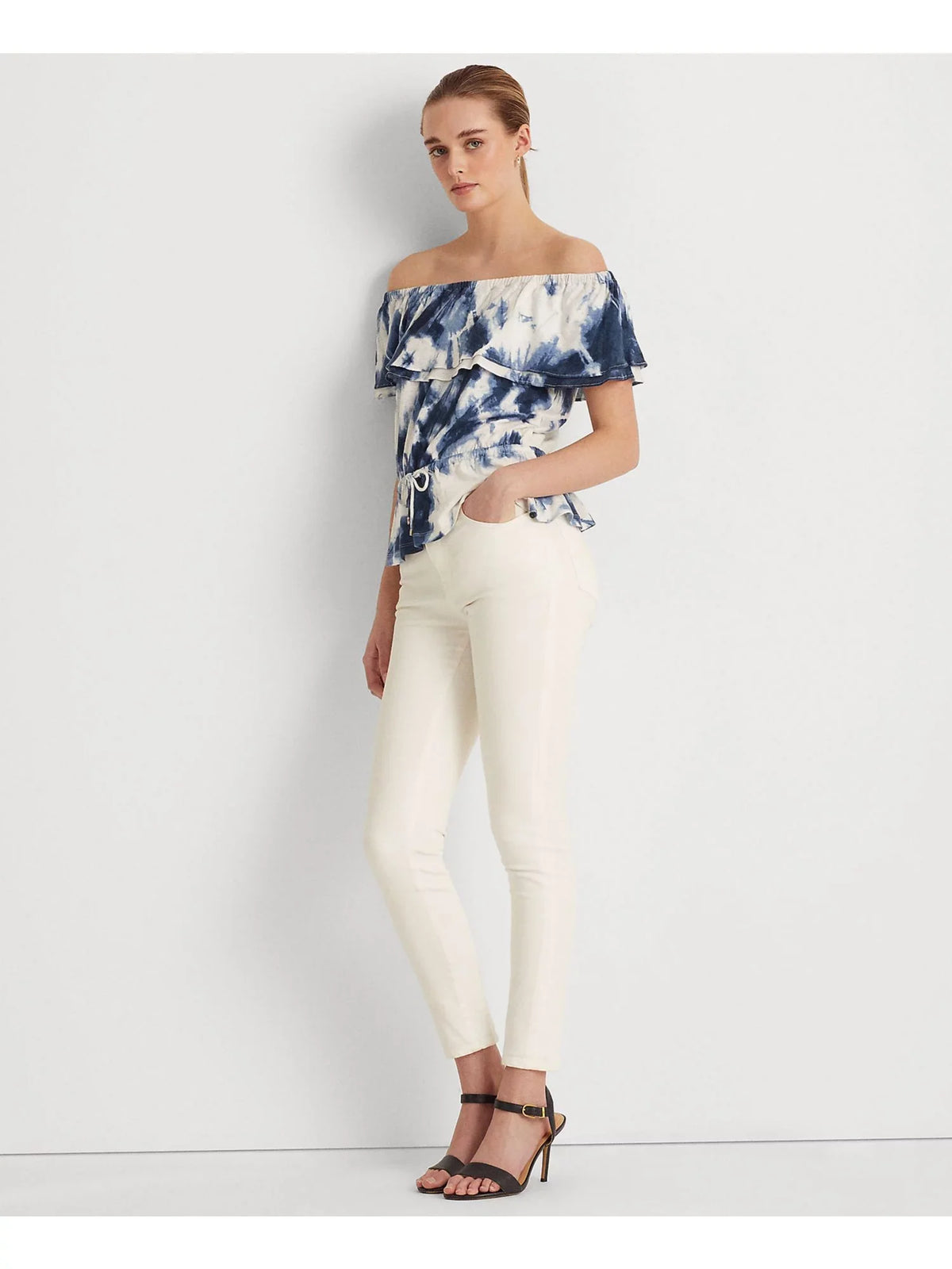 RALPH Off Shoulder Waist Drawcord Peplum Top S Womens Elasticized Sleeve LAUREN Ruffled Tie Dye Short LAUREN White
