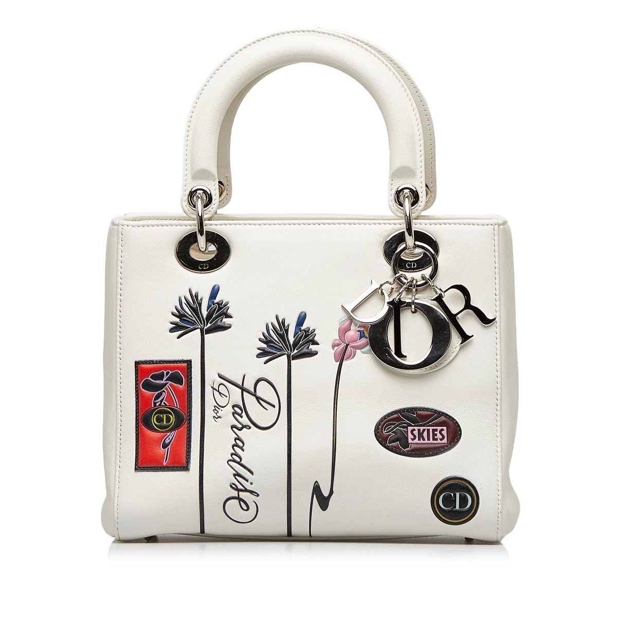 Lambskin Authenticated (Good) Satchel Lady Paradise White Unisex Leather Pre-Owned Medium Dior
