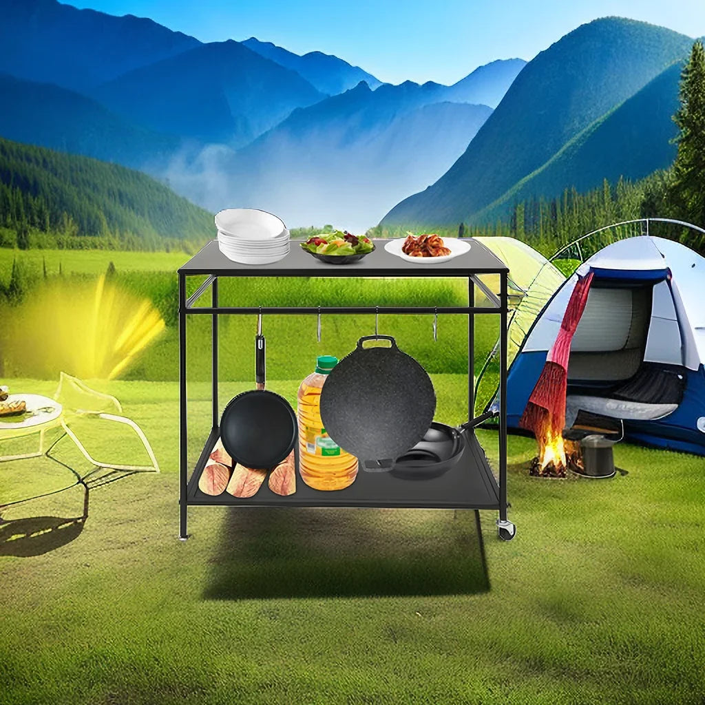 Movable Cook Outdoor Food Serving Station 2-Tier Grill Table Rack Shelf Cart BBQ Prep