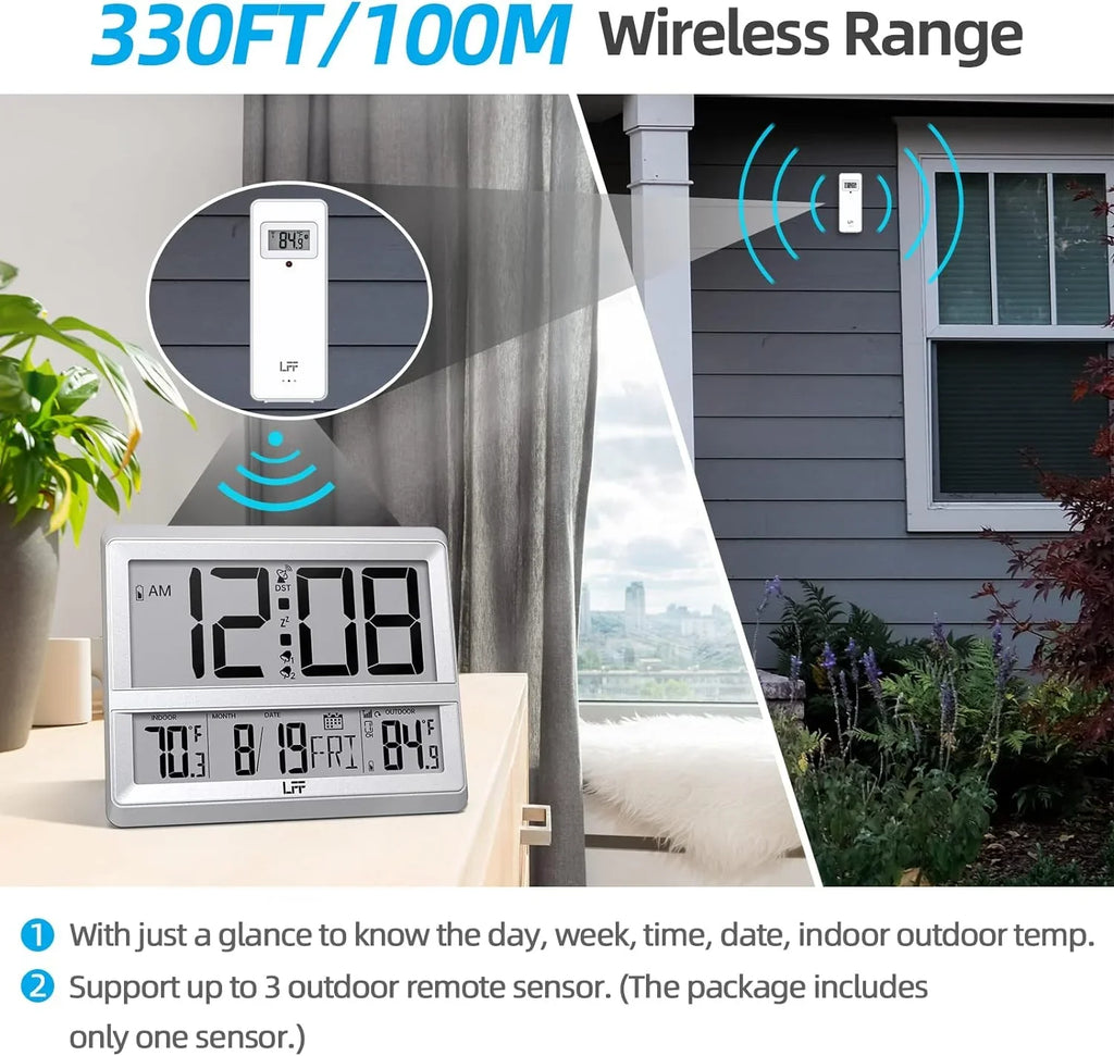 Digital Outdoor Display, Wall with Outdoor Sensor, Clock Bedroom, Indoor for Clock Wireless Atomic Read, Temperature and Sliver Alarm Large Desk to Clock Easy Date, Digital
