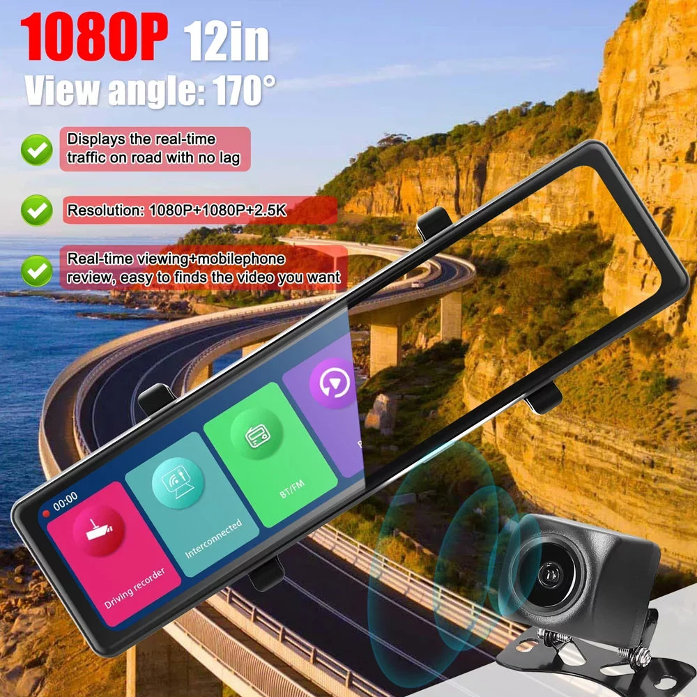 Rearview 2.5k 12in Car Rearview Dash Mirror Bt Video Clear Car Mirror Car Car Touched Clear Cameras Andoer Car Cam Bt Mirror 2.5k Camera 12in Bt Dash Screen Cam 2.5k Camera,3 Screen Car 2.5k