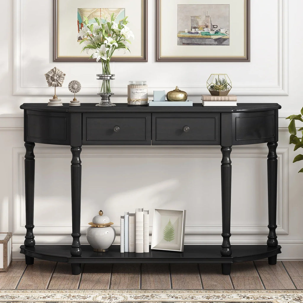 (Cherry Antique with Curved Solid Legs Open Two OLD Drawers WF298768AAC) Wooden Retro Frame Style Console Circular Design Blue Top Shelf and SKU Table TREXM +